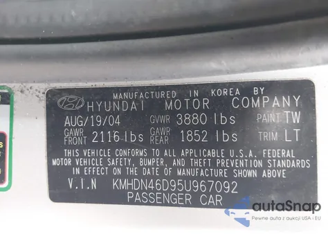 2005 Hyundai Elantra Gls/Gt из США, поврежденный, VIN KMHDN46D95U967092